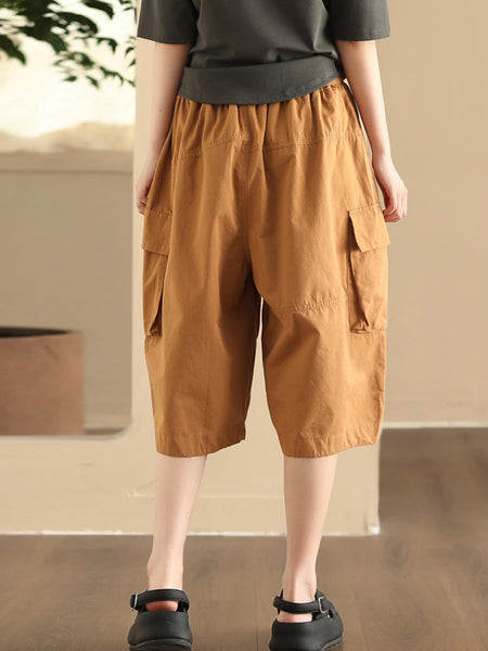 Women Summer Casual Solid Pocket Loose Cotton Fifth Pants FD022 ZMMM