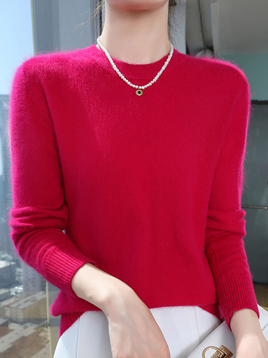 Women Autumn Casual O-Neck Soft 100%Wool Sweater QU030 BK
