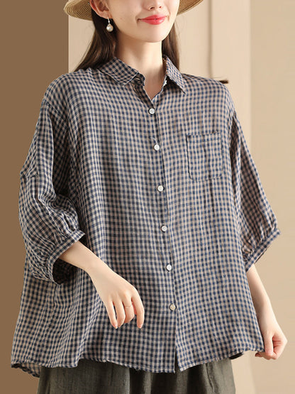 Women Summer Vintage Plaid Button-Up Linen Shirt PP1034 BUYKUD