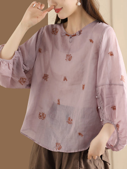 Women Summer Vintage Flower Embroidery Ramie Shirt AA1042 Ada Fashion