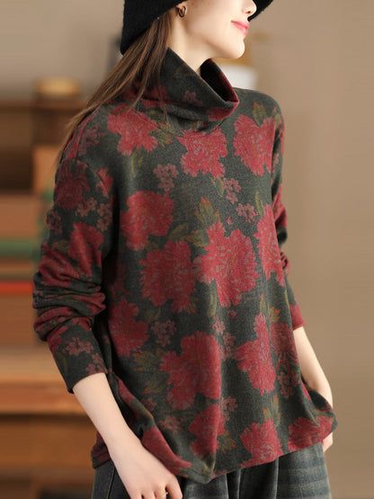 Women Vintage Autumn Flower Turtleneck Sweatshirt AK1023 Genistyle Shop