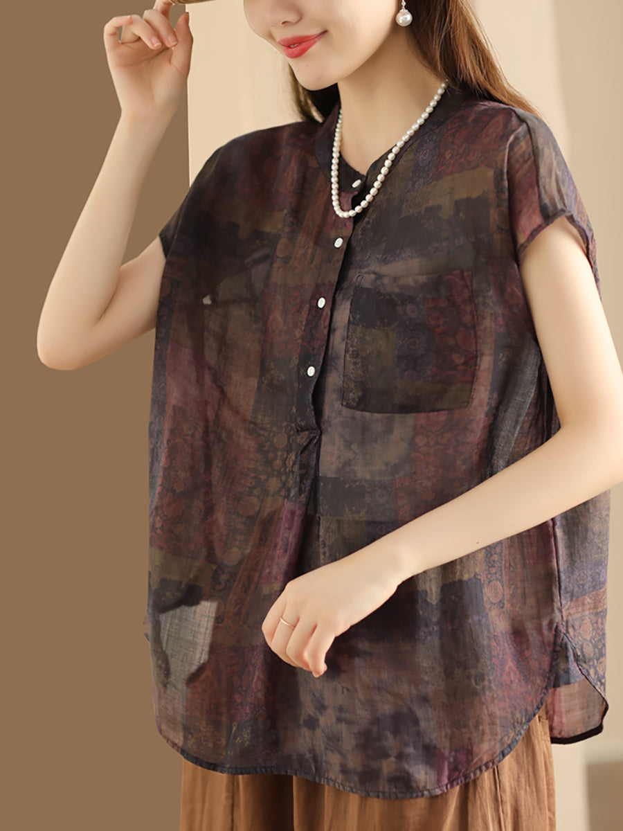 Women Summer Vintage Ramie Print Button-up Ramie Shirt OP1041 BUYKUD