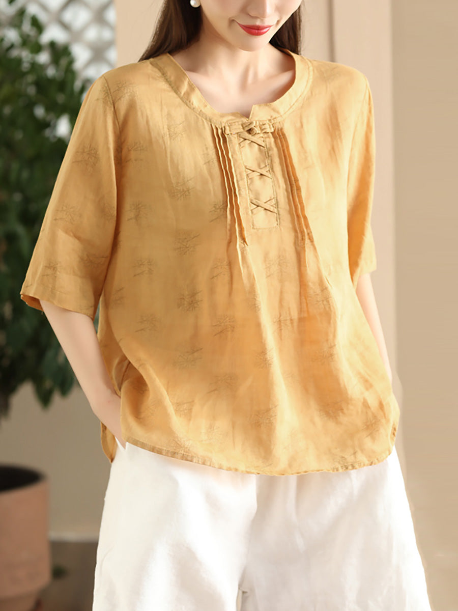 Women Summer Artsy Flower Stand Collar Ramie Shirt LL040 BUYKUD