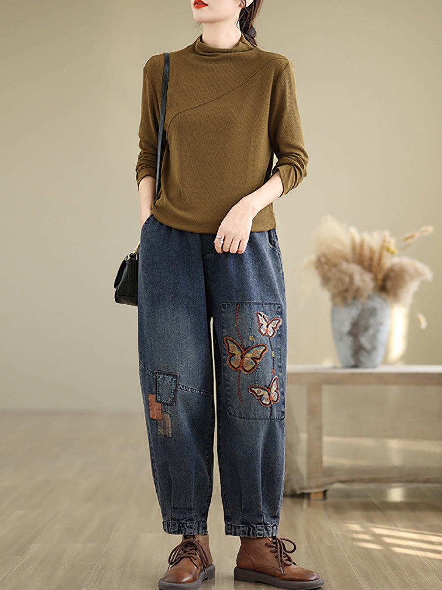 Women Autumn Artsy Butterfly Embroidery Denim Harem Pants AI1078 ZMFS