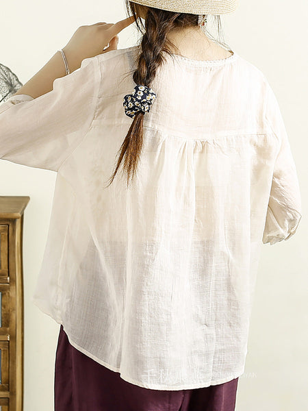 Women Summer Artsy Embroidery V-Neck Ramie Shirt PP1020 ZMMM