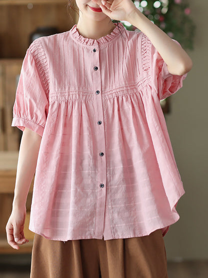 Women Artsy Shirred Stripe Cotton Agaric-Lace Shirt OP1006 BUYKUD