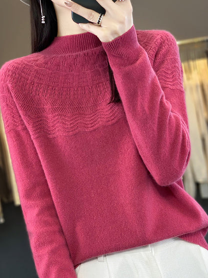 Women Autumn Cable Knit 100%Wool Half Turtleneck Sweater QN031 BK