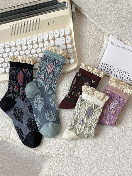 5 Pairs Women Autumn Artsy Flower JAcquard Cotton Socks QM009 BUYKUD