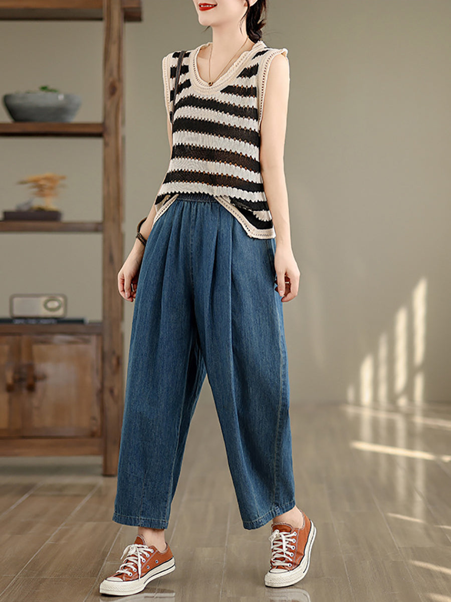 Women Summer Vintage Solid Denim Loose Harem Pants OP1007 BUYKUD