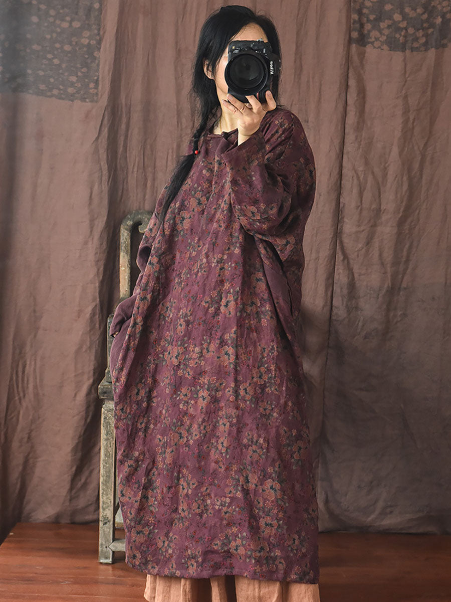 Women Autumn Vintage Floral Spliced Frog Loose Dress AI1042 QYMM