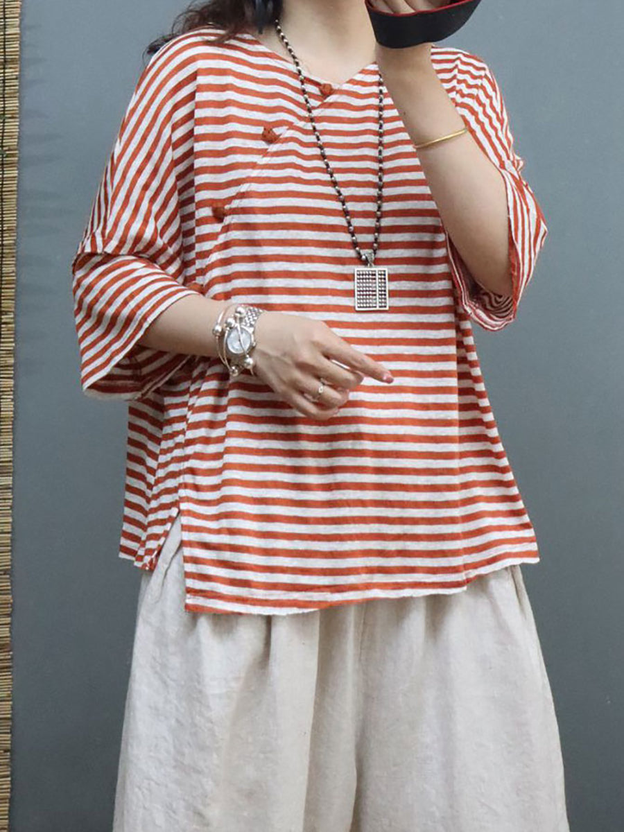 Plus Size Women Summer Vintage Stripe Linen Shirt SC1027 Ada Fashion