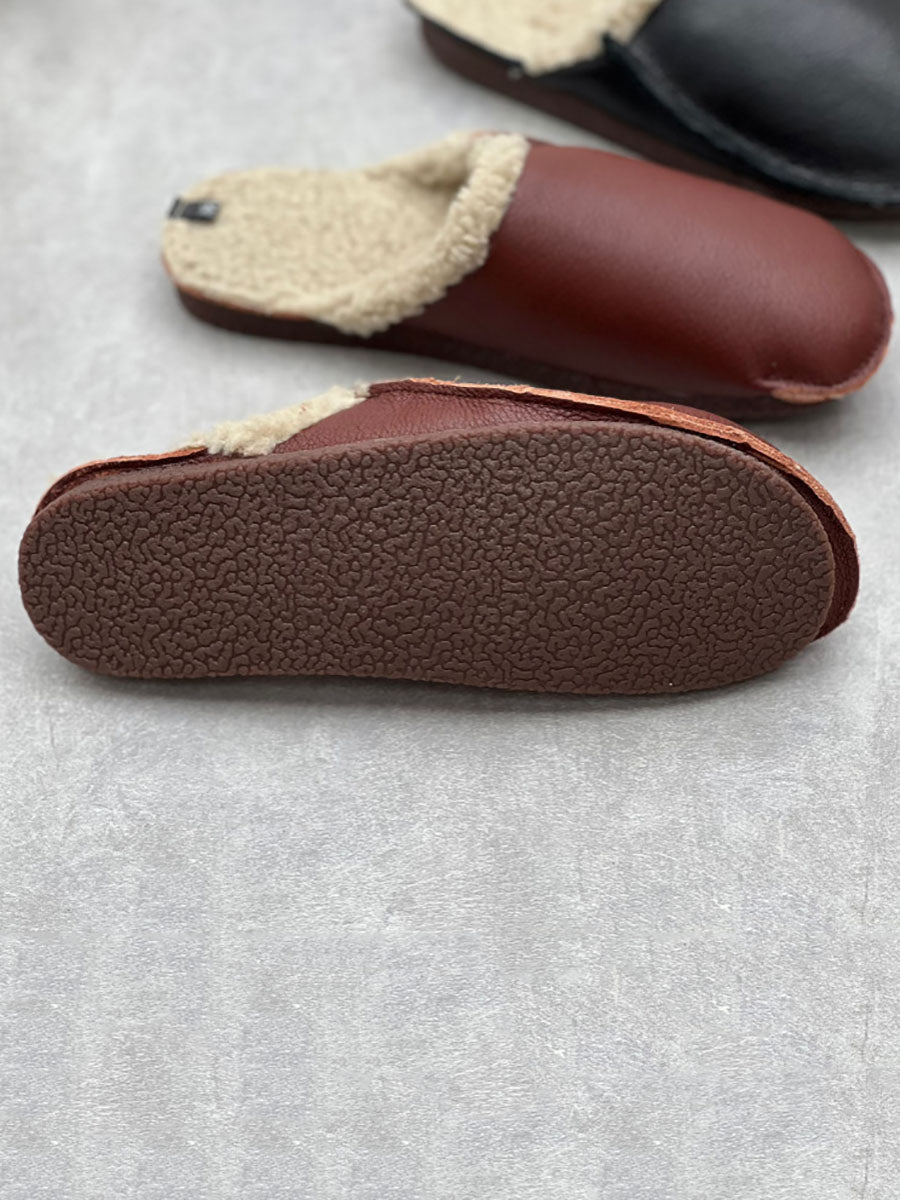 Women Vintage Winter Leather Fleece-lined Flat Slippers AV1041 Genistyle Shop