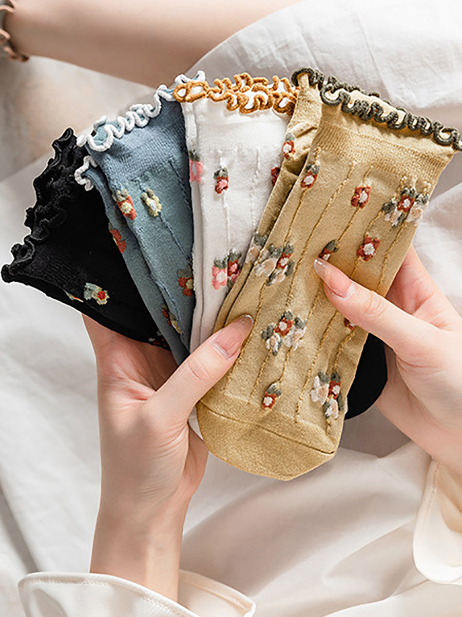 5 Pairs Women Summer Artsy Flower Jacquard Socks OO1032 BUYKUD