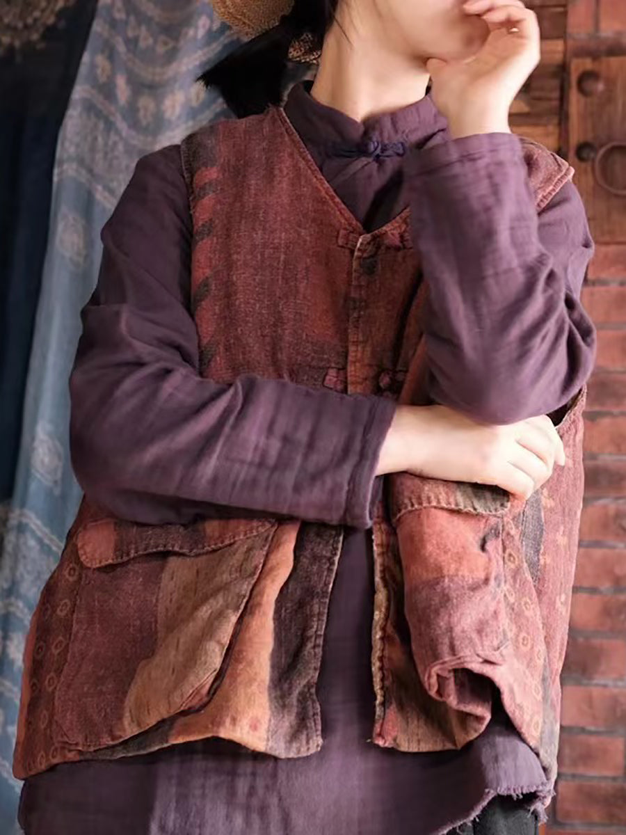 Women Retro Print Linen Cotton Padded Vest AT1078 JSHY