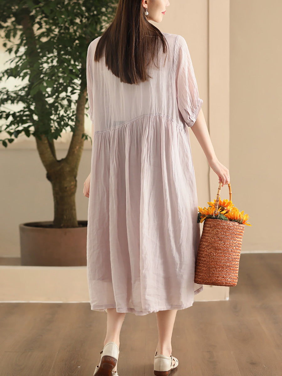 Women Summer Artsy Shirred Solid Ramie Dress CX003 BUYKUD