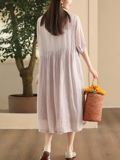 Women Summer Artsy Shirred Solid Ramie Dress CX003 BUYKUD
