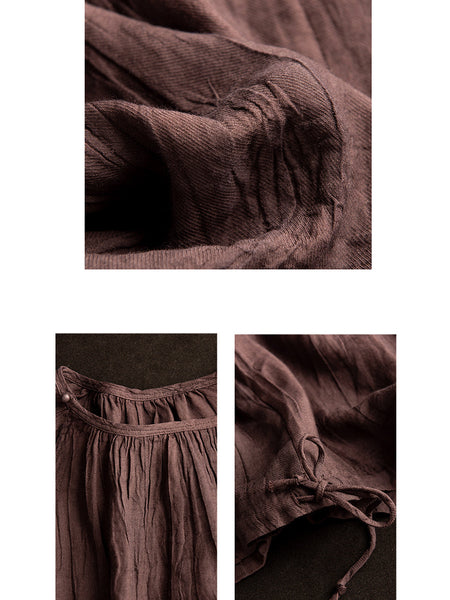 Women Summer Artsy Strap Hem O-Neck Ramie Blouse AS1026 BUYKUD