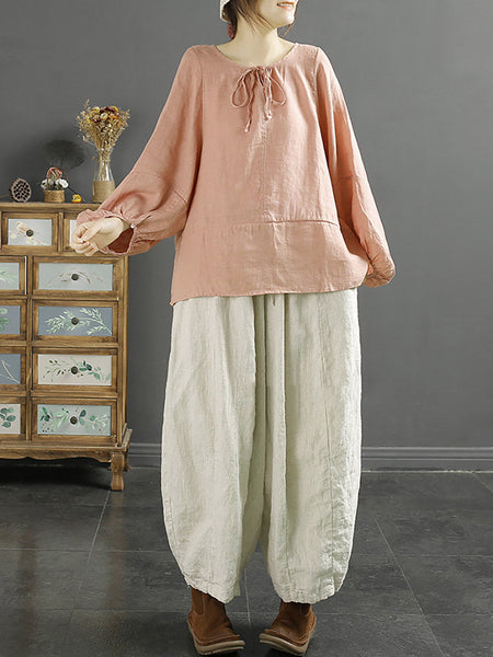 Plus Size Women Autumn O-Neck 100%Linen Loose Blouse AK1001 Genistyle Shop