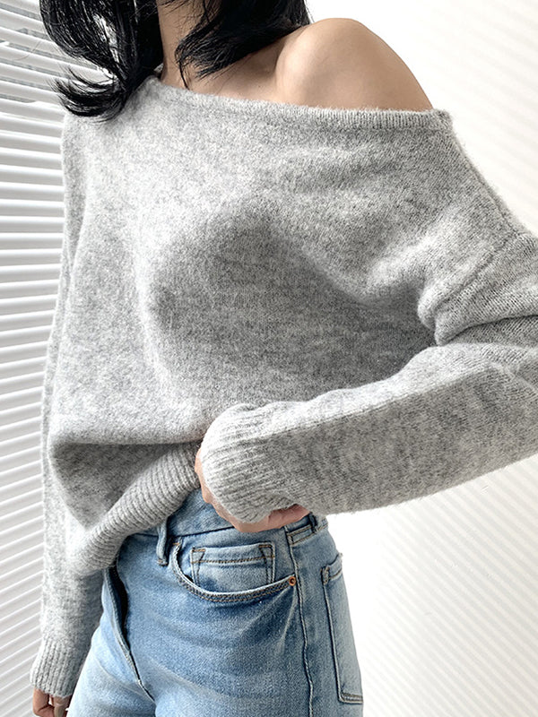 Casual White Off-The-Shoulder Long Sleeves Asymmetric Hem Sweater QX007 shopify