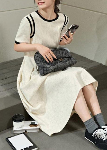 Brief O-Neck Wrinkled Maxi Grey Light Dresses Patchwork Summer FashionChic