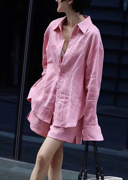 Modern Pink Button Shirts And shorts Two Pieces Set Fall AN1017 Genistyle Shop