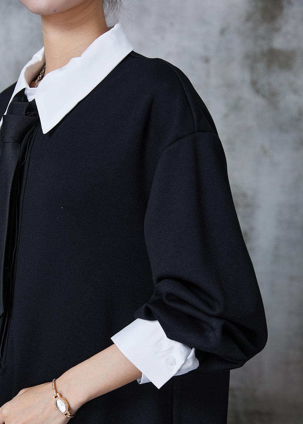 French Black Peter Pan Collar Patchwork Cotton Dress Fall PZGY-FDM240826