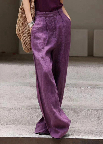 Organic Purple Pockets High Waist Linen Wide Leg Pants Fall AN1019 Genistyle Shop