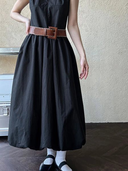 Patchwork O-neck Dress Simple Sleeveless Blue Puff Hem FashionChic