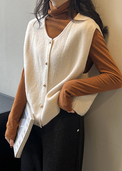 Women Khaki O Neck Button Knit Vest Tops Sleeveless AF1082 HS-VTP240914