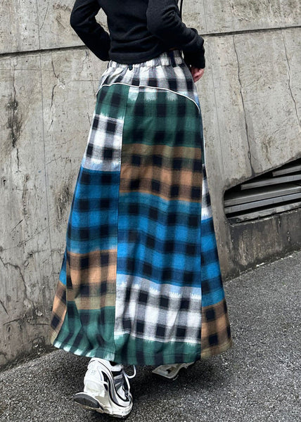 High Loose Waist Plaid Patchwork Spring Blue Skirt Denim FashionChic