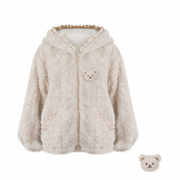 Brown Ear Light Trim Brooch Plush Ruffle Hood Jacket Bear with Kawaii FashionChic