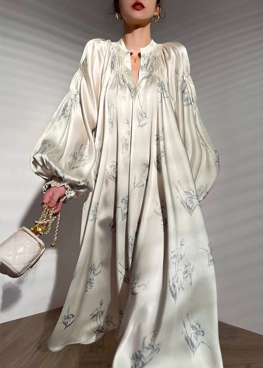 French Beige Print Tie Waist Silk Maxi Dress Long Sleeve AJ1016 shopify