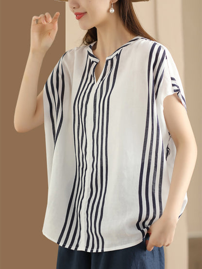 Women Summer Artsy Stripe V-Neck Thin Linen Shirt CV1053 Ada Fashion