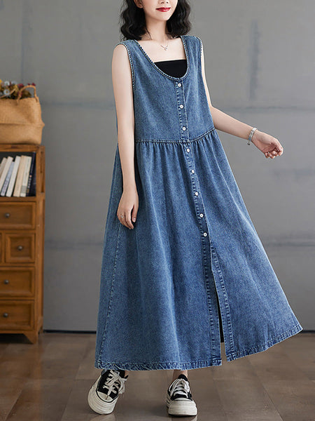 Women Casual Summer Denim A-Shape Loose Vest Dress FD054 BUYKUD