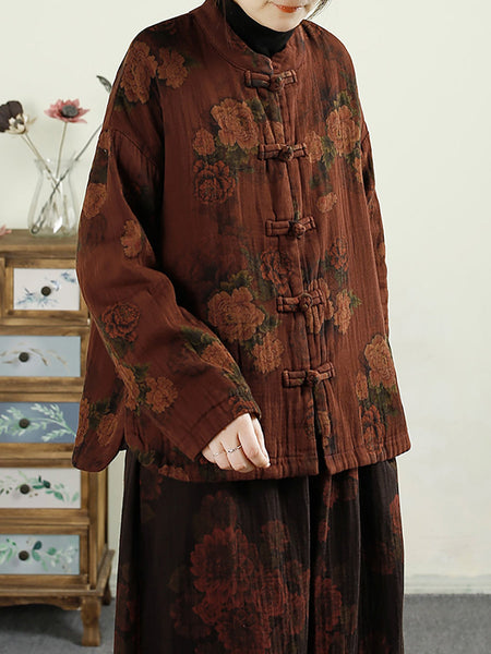 Women Ethnic Autumn Flower Buckle Cotton Stand Collar Coat BA1046 Genistyle Shop