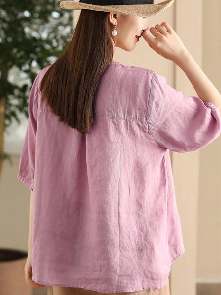 Women Summer Artsy Flower Embroidery Ramie V-Neck Shirt CC030 LPP