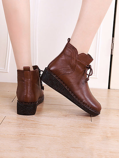 Women Vintage Genuine Leather Strap Zipper Low Heel Boots AX1016 Genistyle Shop