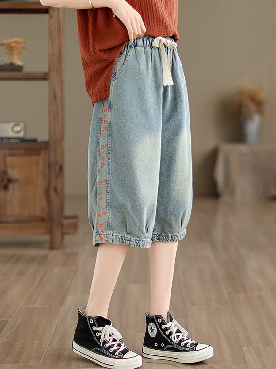 Women Summer Spliced Washed Denim Knee Length Pants OP1039 BUYKUD