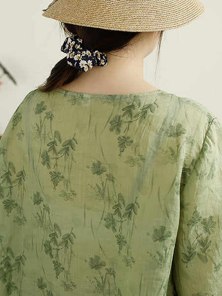 Women Summer Artsy Floral Button Spliced O-Neck Ramie Shirt HH003 BUYKUD