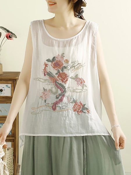 Women Vintage Flower Embroidery Ramie Summer Vest WE1022 Ada Fashion