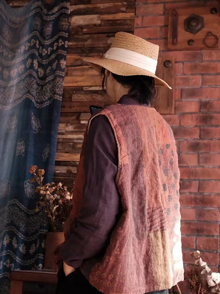 Women Retro Print Linen Cotton Padded Vest AT1078 JSHY