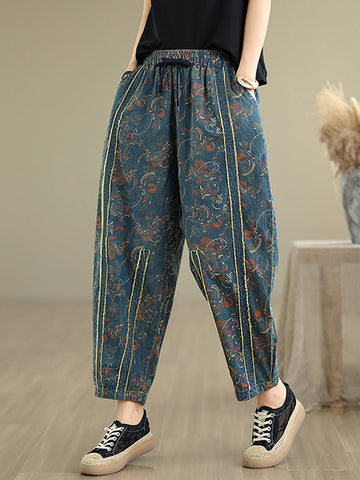 Denim Patchwork Pants Harem Women Retro Flower FashionChic
