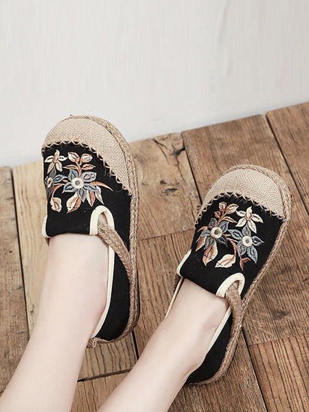 Women Ethnic Flower Embroidery Linen Cotton Flat Shoes AH1062 TACH