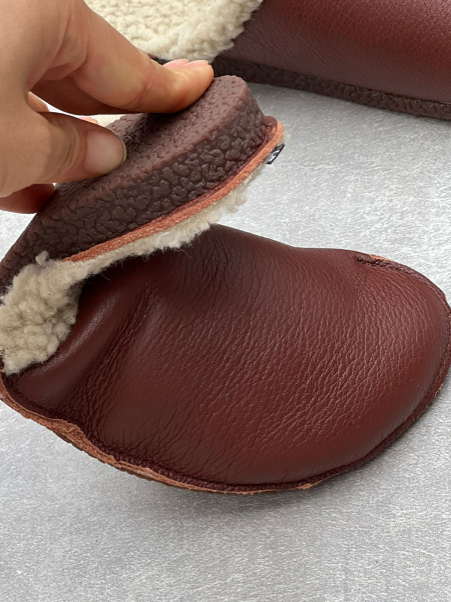 Women Vintage Winter Leather Fleece-lined Flat Slippers AV1041 Genistyle Shop