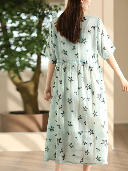 Women Summer Flower Shirred Artsy Strap Waist Dress RR023 QYZY