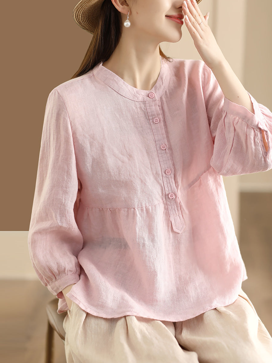 Women Retro Solid Spring Pullover Linen Shirt KL1030 Ada Fashion