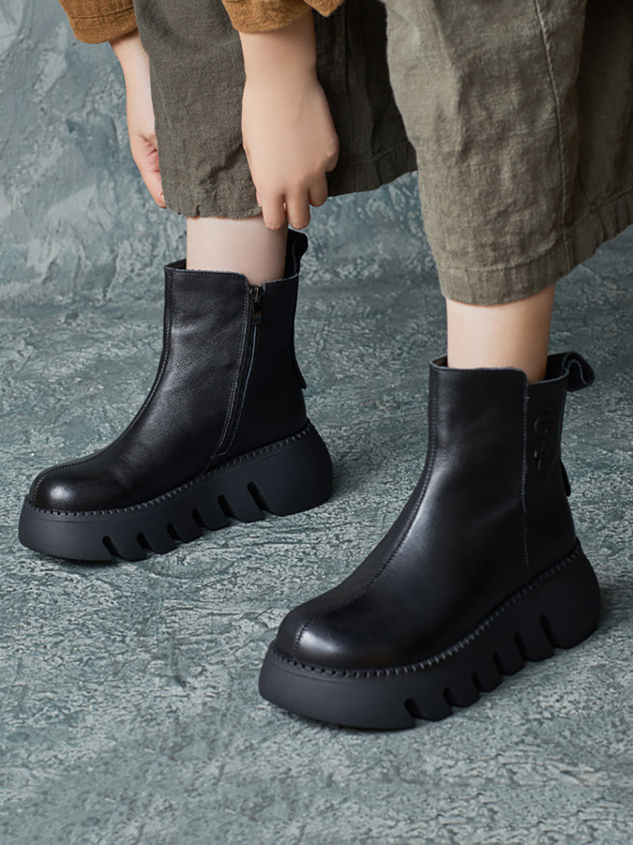 Women Retro Genuine Leather Platform Boots QM017 RXMY
