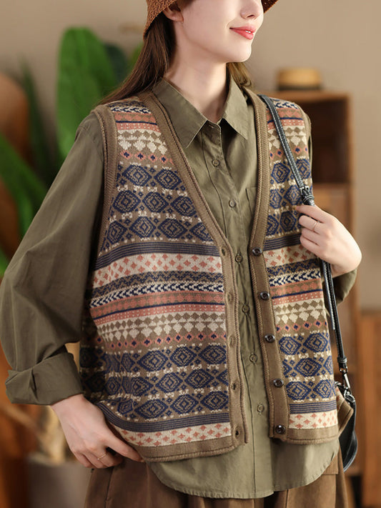 Women Ethnic Stripe V-Neck Cotton Vest WG027 BUYKUD
