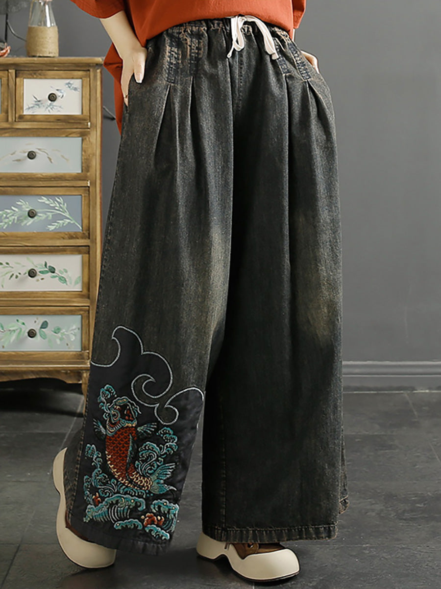 Women Summer Vintage Koi Embroidery Wide-leg Denim Pants CO1049 Ada Fashion