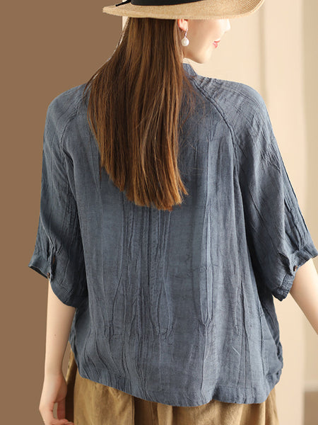 Women Summer Retro Solid Linen Button-up Shirt XX1012 Ada Fashion
